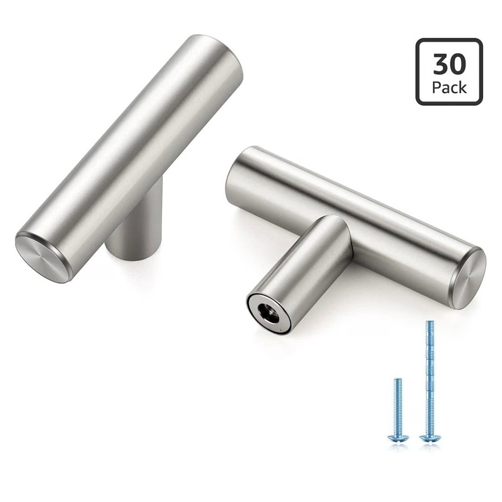 30 Pack Brushed Nickel Cabinet Knobs, 2in Length T Bar Drawer Pulls